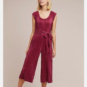 Maeve by Anthropologie Women's Sonata Jumpsuit Maroon Belted Cap Sleeve
